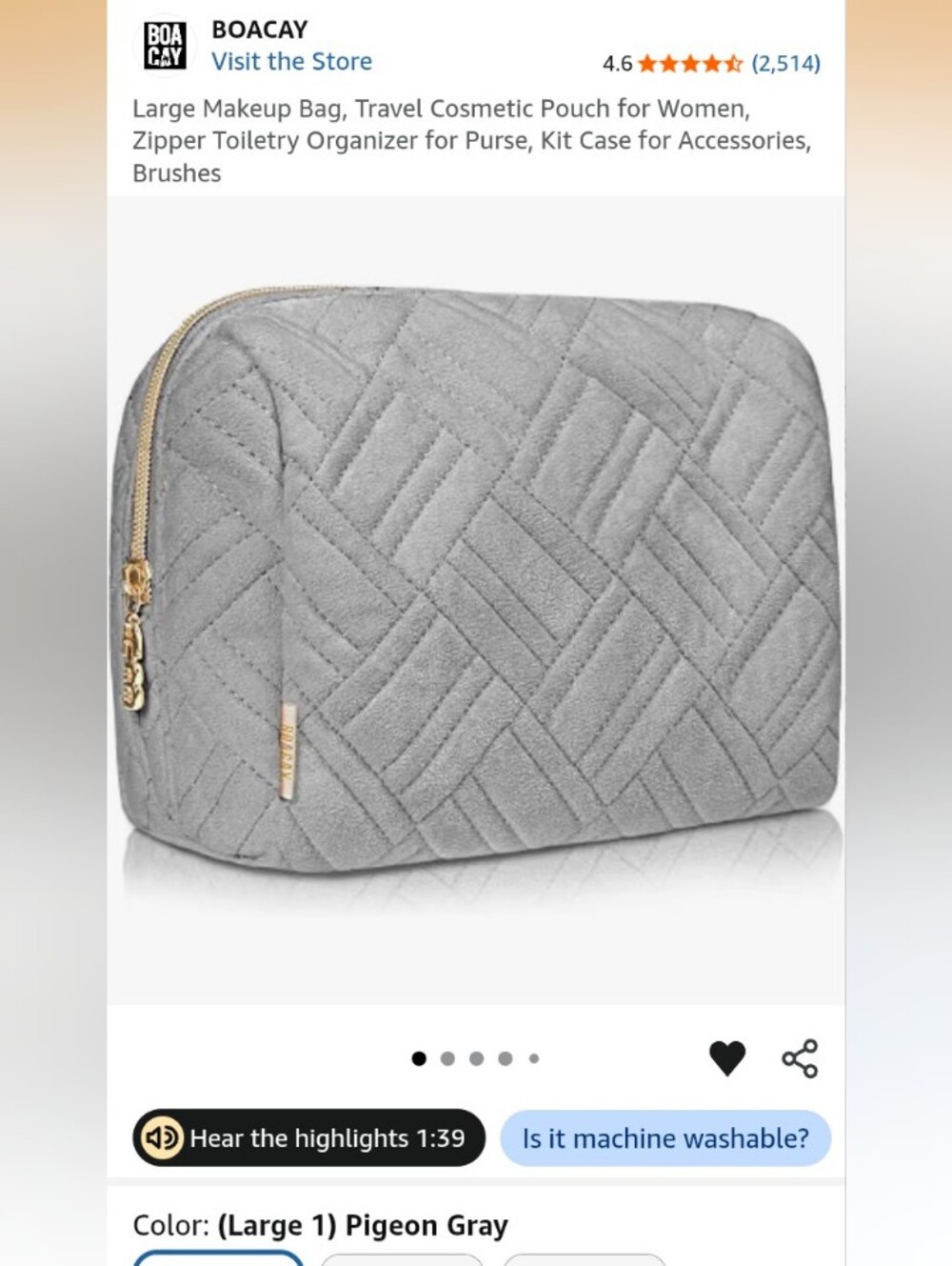 BOACAY Quilted Pigeon Gray Microfiber Cosmetic Bag - Everyday Makeup Organizer